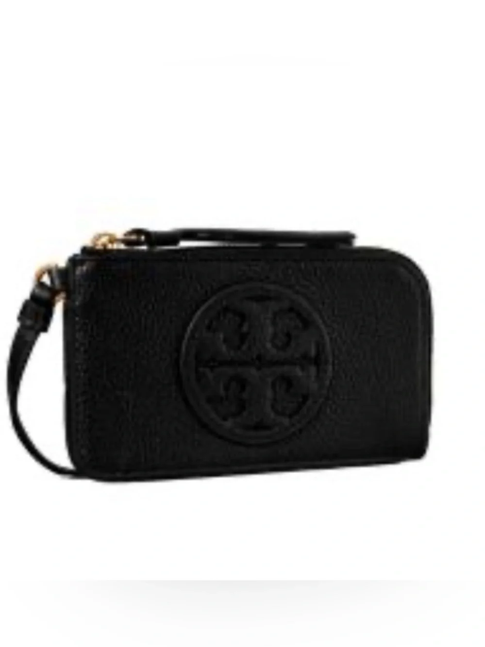 Tory Burch Black Pebbled Leather Logo Wristlet with Strap